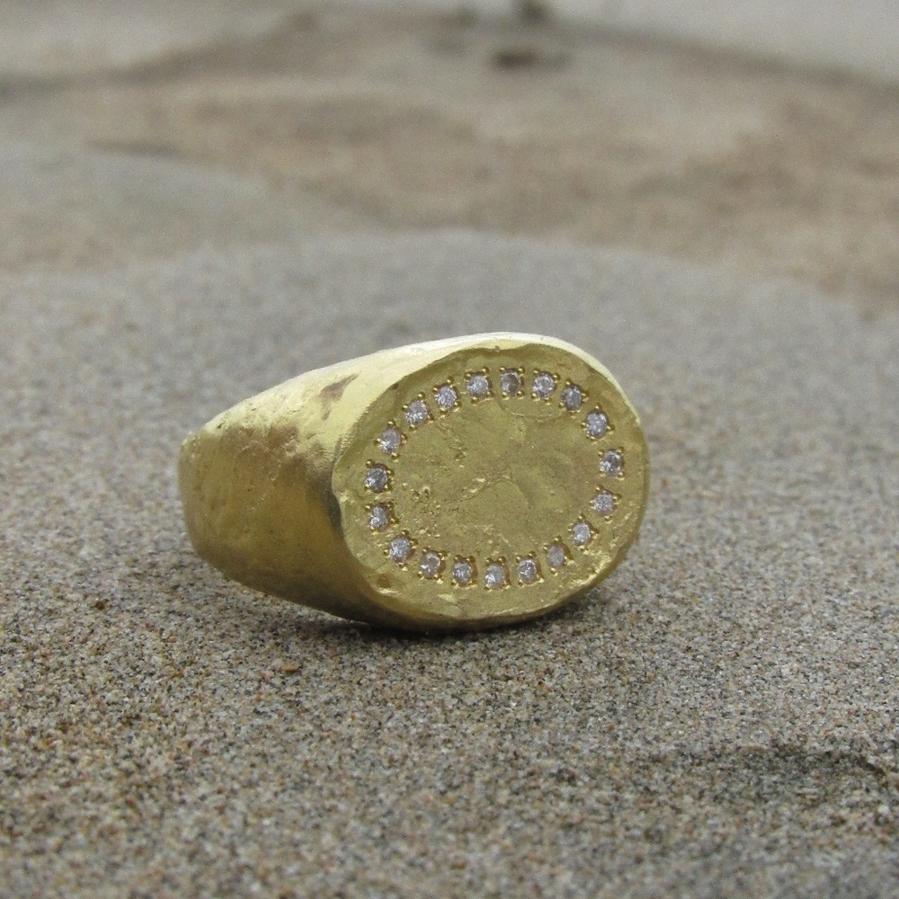 14K Solid Gold Signet Ring with Diamonds | Handmade Signet ring for men
